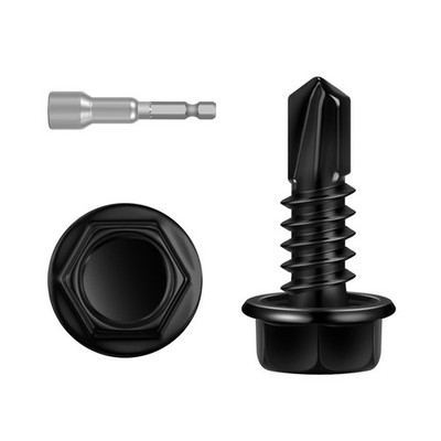 100 PCS #12 x 3/4'' Sheet Metal Screws, Black Hex Washer Head Self Drilling Sc...