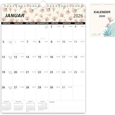 Wandkalender 2026, 18 Monate, Planung, Monatsübersicht, Notizfeld, 34,4x26,6 cm