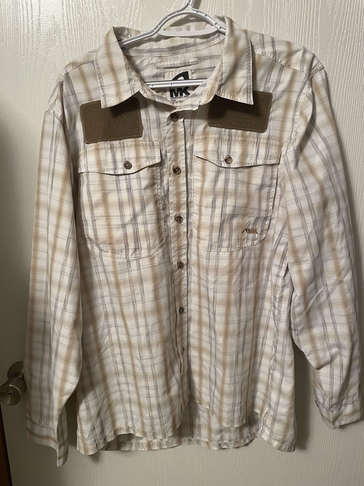 Mountain Khakis Men's Plaid Fishing Shirt Patches SZ Large FlyFishing Hiking