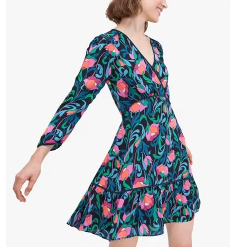 Abito donna Kate Spade floreale vortice nero stampa colore brillante taglia 0