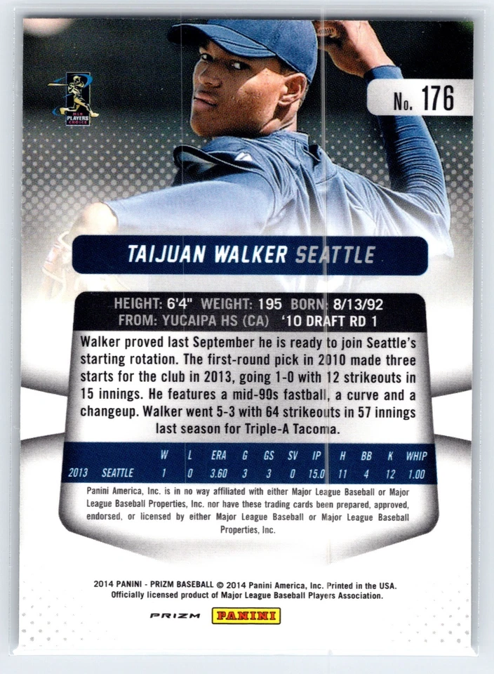 2014 Panini Prizm #176 Taijuan Walker Camo Prizm Rookie Card - Image 2 of 2