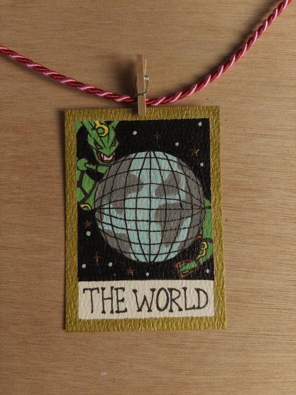 ACEO Original Pokemon Rayquaza Tarot Card The World Mini Painting By Autumn E.