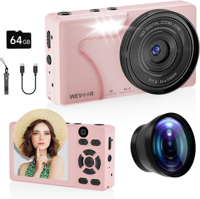 64MP 4K Vlogging Camera, 64GB Fast Autofocus Digital Camera with Dual Cam, Wide