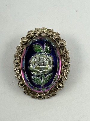 Lucite Encased Rose Flower Floral Brooch Pin Prism Gold Tone Framed Vintage