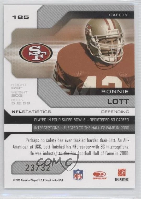 2007 Leaf Limited Spotlight Bronze /32 Ronnie Lott #185 HOF - Image 2 of 2