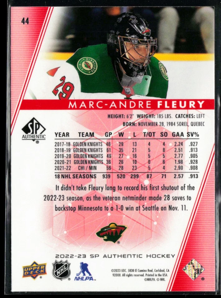 2022-23 SP Authentic Limited Red #44 Marc-Andre Fleury - Image 2 of 2