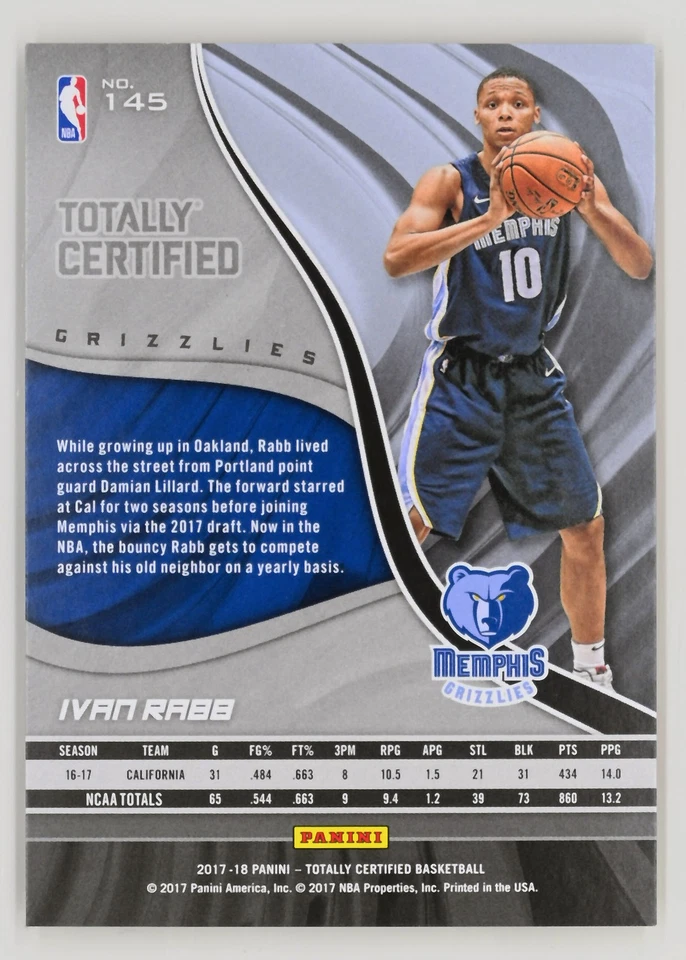 2017-18 Panini Totally Certified #145 Ivan Rabb /299 Rookie Memphis Grizzlies - Image 2 of 2