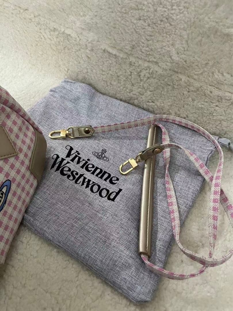 Vivienne Westwood Tote Bag Pink Check Canvas Leather Fabric W22cm