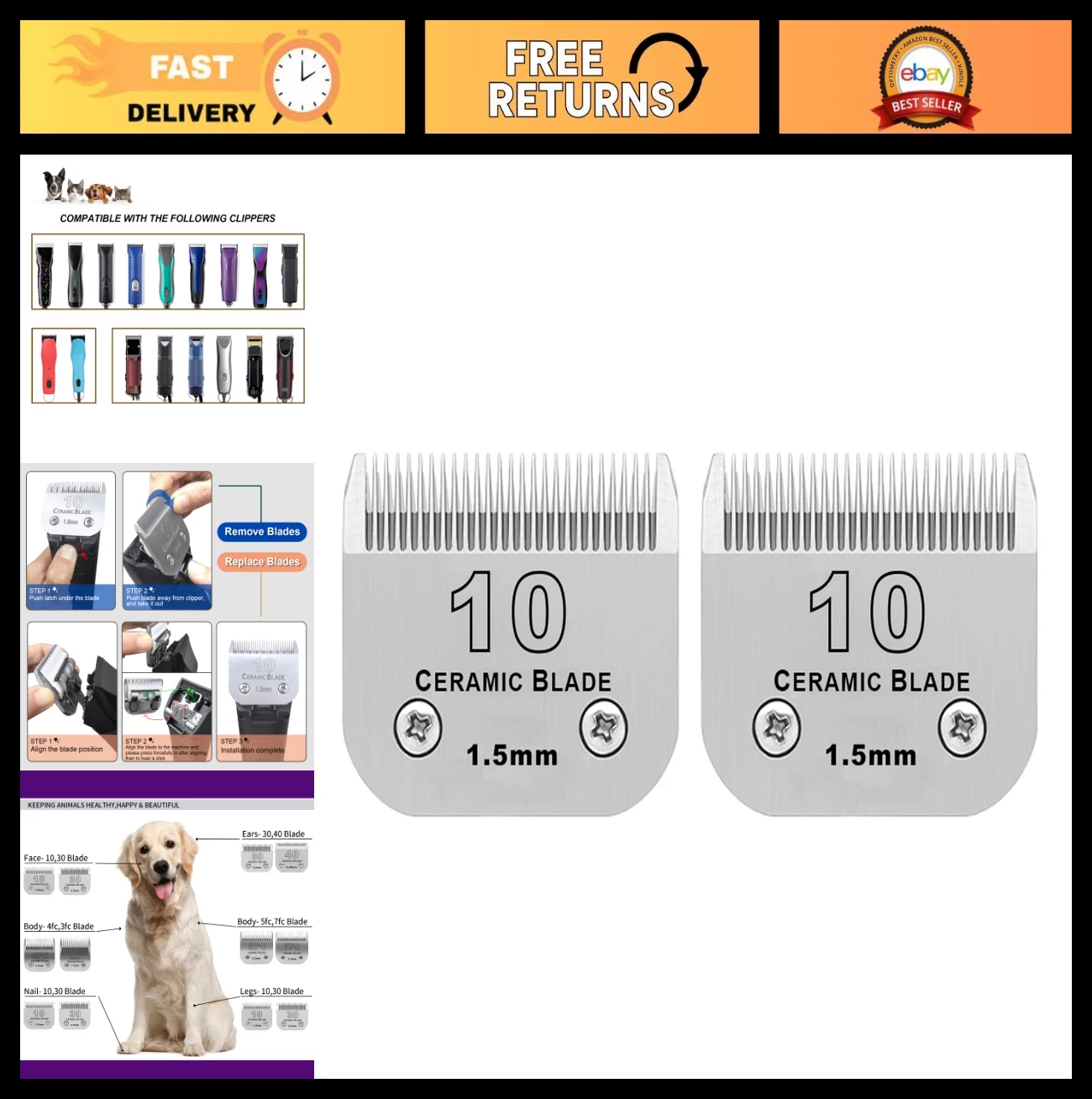10 Dog Grooming Ceramic Blades for Detachable Clippers, 1/16-Inch Cut Length, 2