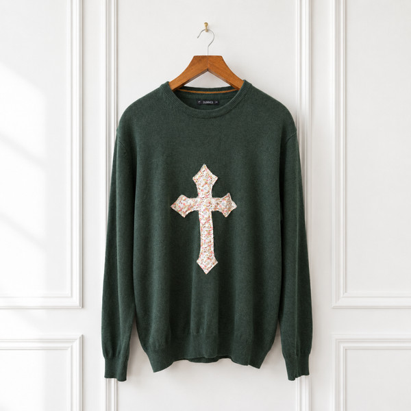 Dunnes Green Cotton Knit Jumper Floral Cross Appliqué Crew Neck Size L