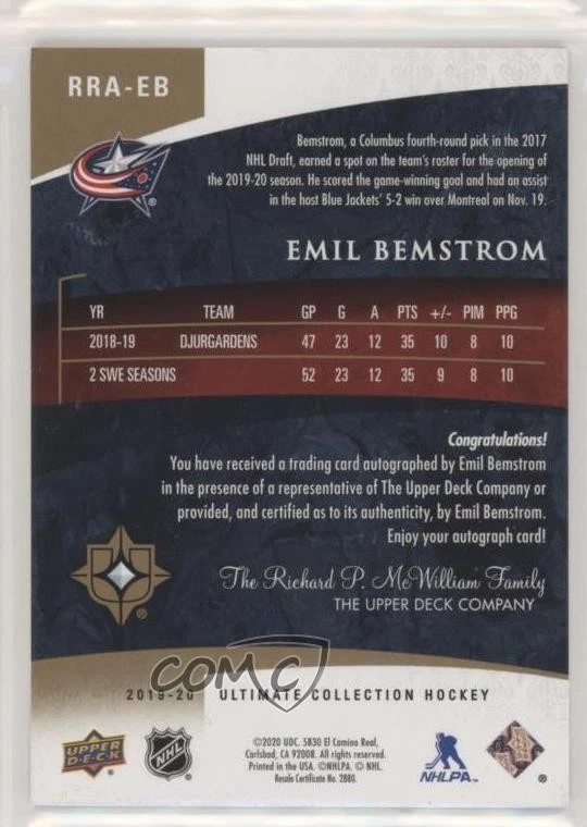 2019 Ultimate Collection Retro Rookies Tier 1 /225 Emil Bemstrom #RRA-EB Auto RC - Image 2 of 2