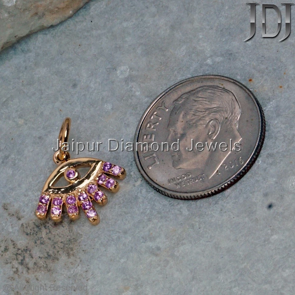 Solid 14k Yellow Gold Jewelry Natural Pink Sapphire Gemstone Evil Eye Pendant - Image 3 of 4