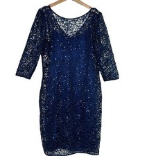 Alex Evenings 14 blue glittery lace overlay crochet 3/4 sleeve dress Whimsigoth