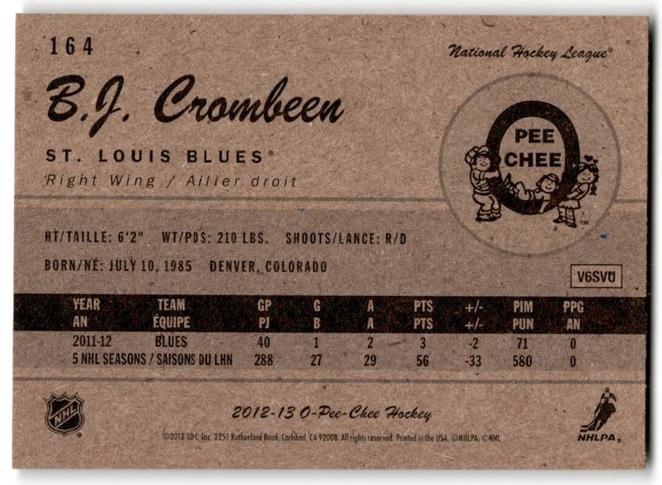 B.J. Crombeen 2012-13 O-Pee-Chee Retro #164 St. Louis Blues - Image 2 of 2