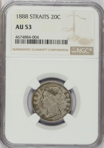 1888 Straits 20 Cents NGC AU53. Free Shipping.