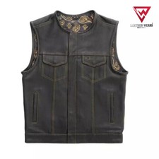 Men's Gold Paisley Lining Concealed Waistcoat Black Leather Club Motorcycle Vest