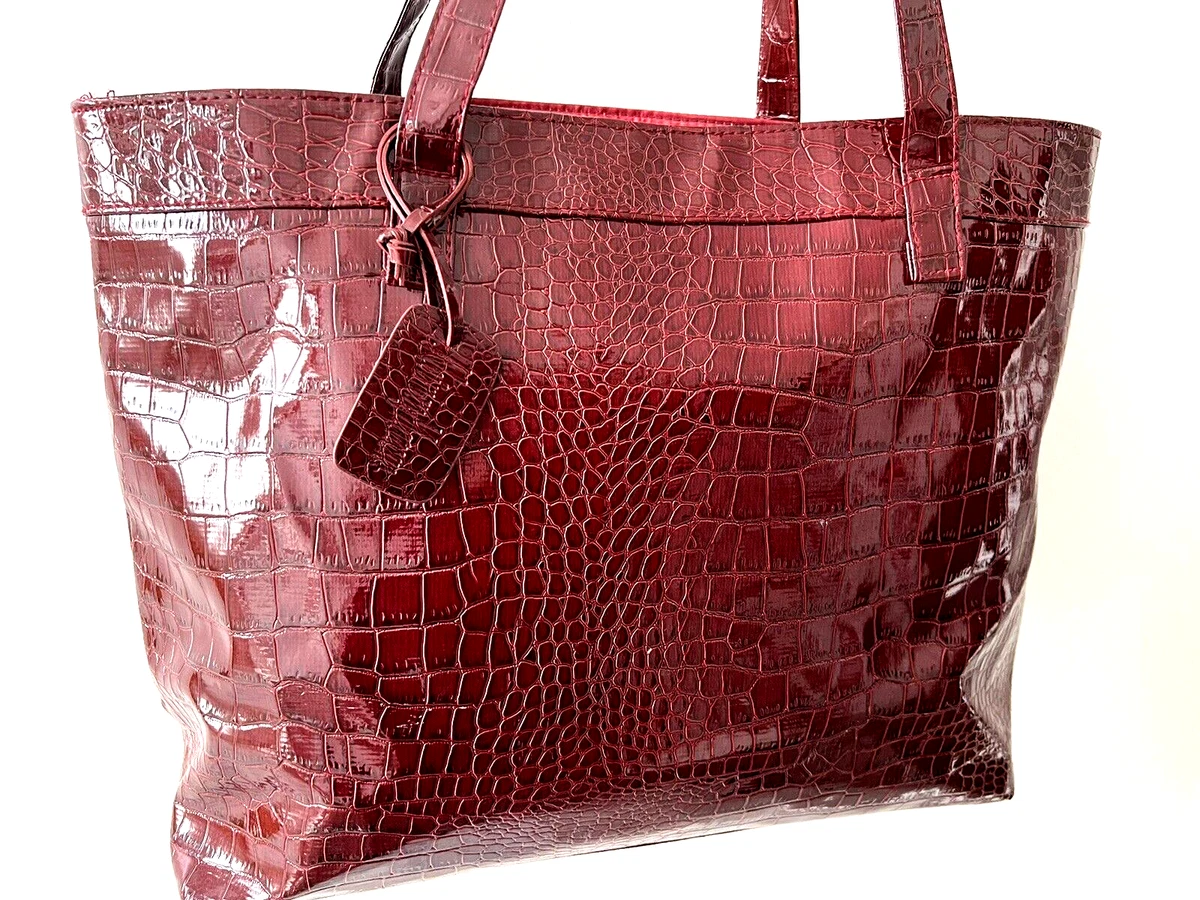 Neiman Marcus Tote Bag Large Shopper Faux Patent Croc Handbag Cherry Merlot  Red