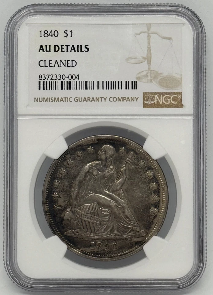 Libertad sentada 1840 $1 dólar NCG AU detalles primer año de emisión Foto 2 de 4