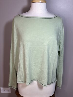 Eileen Fisher Organic Cotton Contrast Stitching Long Sleeve Crewneck Small Green