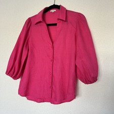 Le Lis Blanc 100% Linnen Pink Blouse Medium Made In Brazil Fuchsia 3/4 Sleeves