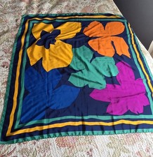 Vintage Colorful Floral 34" X 34" Square Scarf Blue Yellow Purple Green