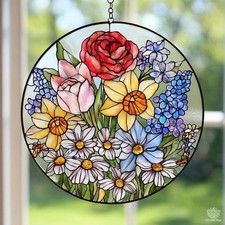 Custom Birth Flower Glass Suncatcher: Mixed Floral Window Hanging, Mom's Garden