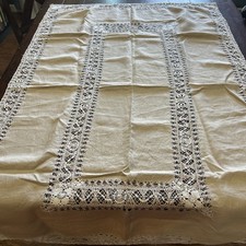 French Country Chic Beige Linen  White Lace Tablecloth 53 1/2 X 33, 15  Middle