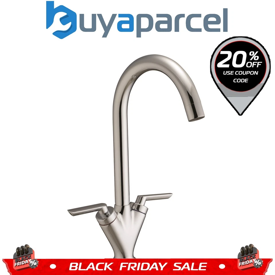 Halo Brushed Nickel Mono Kitchen Sink Basin Mixer Tap Swivel Spout - Twin Lever