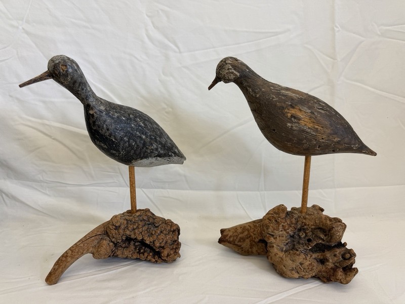 Pair Antique Hand Carved Shorebird Decoy Mounted on Driftwood Bases Folk Art