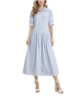 Ann Taylor light blue striped  Embroidered  Short Sleeve Cottage  dress 6