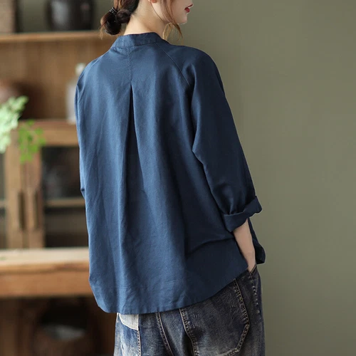 Retro Womens Cotton Linen Blouse Loose Casual Tunic Top Button Summer T-shirts - Photo 9/22