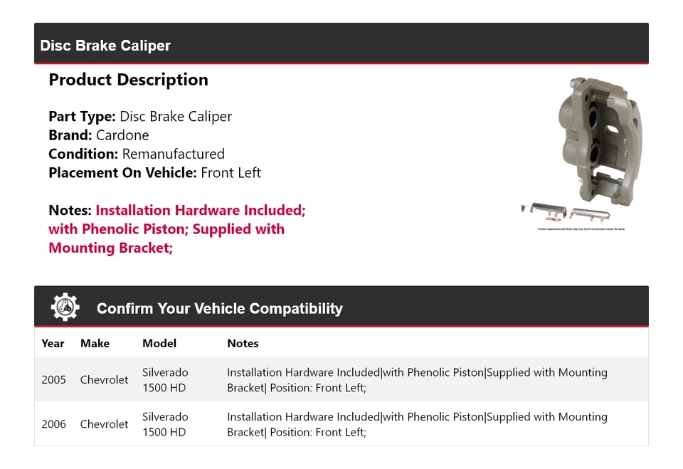 Pinza de freno de disco delantera izquierda cardone para Chevrolet Silverado 1500 HD 2005-2006 Foto 2 de 4