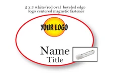 1 OVAL WHITE / RED NAME BADGE FULL COLOR LOGO 2 LINES OF PRINT PIN FASTENER
