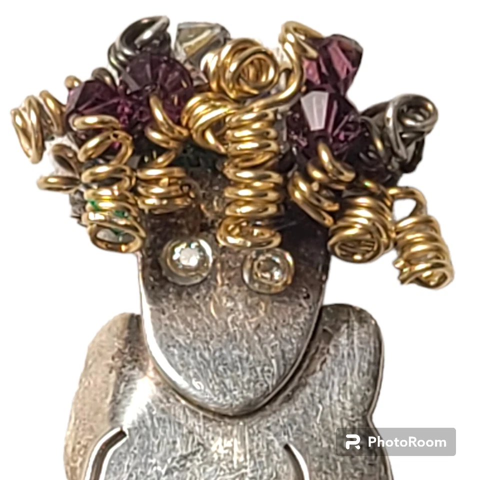 Ремесленная винтажная ТРЯПИЧНАЯ КУКЛА LARETTA из чистого серебра с БРИЛЛИАНТАМИ И ГЛАЗАМИ БРОШЬ - 3 дюйма - Изображение 2 из 4