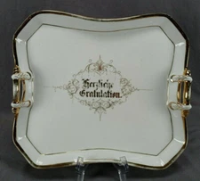 German Old Paris Style Gold Scrollwork Herzliche Gratulation Porcelain Tray
