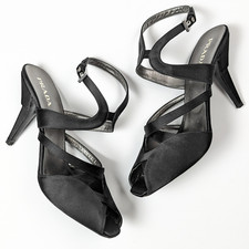 Prada Peep Toe Black Satin/Leather Straps Buckle Cone High Heel Size EU41 11US