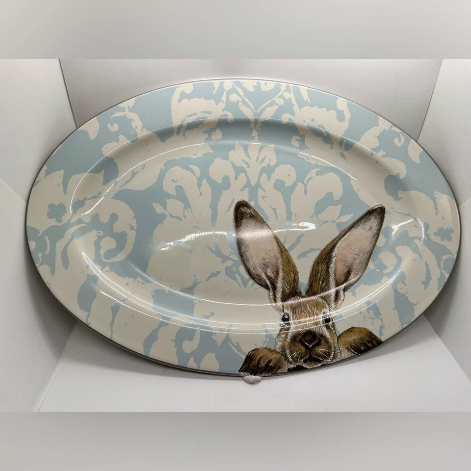 WILLIAMS-SONOMA Damask Easter Bunny 18" Oval Serving Platter EUC! Discontinued! - Image 2 of 4