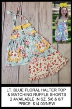 GIRLS EVERYDAY BOUTIQUE LT. BLUE FLORAL TOP W/RUFFLE SHORTS 5/6  6/7 