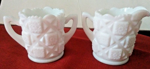 Vintage WESTMORELAND Milk Glass Creamer and Sugar Set - Cut-Glass Design