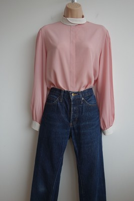 Rose rosa Bluse mit weißem Kragen und Manschetten Vintage 70er 80er Planet 10 seidig