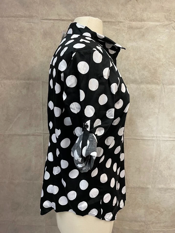 Camisa Blusa 7th Avenue NY&Company Negra Blanca Lunares Abotonada Para Mujer Talla M” Foto 4 de 4