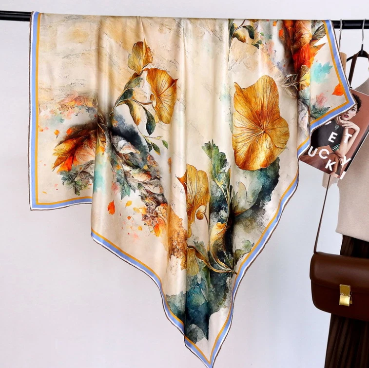 100% Silk Bandanna Scarf Square Ginkgo Leaves Print Neckerchie Shawl 110X110cm