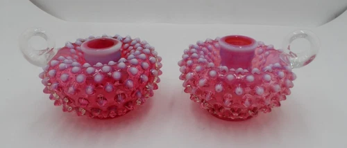 Pair of Vintage Fenton Candlestick Candle Holders Cranberry Opalescent Hobnail