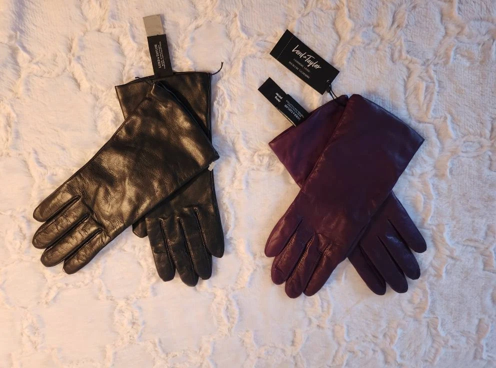 LORD & TAYLOR WOMENS SIZE 7 LEATHER CASHMERE LINED GLOVES BLACK & PURPLE SET 2