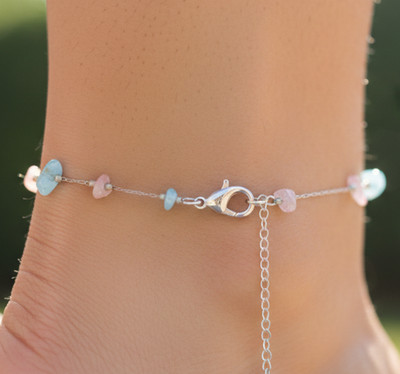 Elegant Rose Pink & Aqua Blue Stone Anklet 925 Silver Plated Brass Chain Anklet