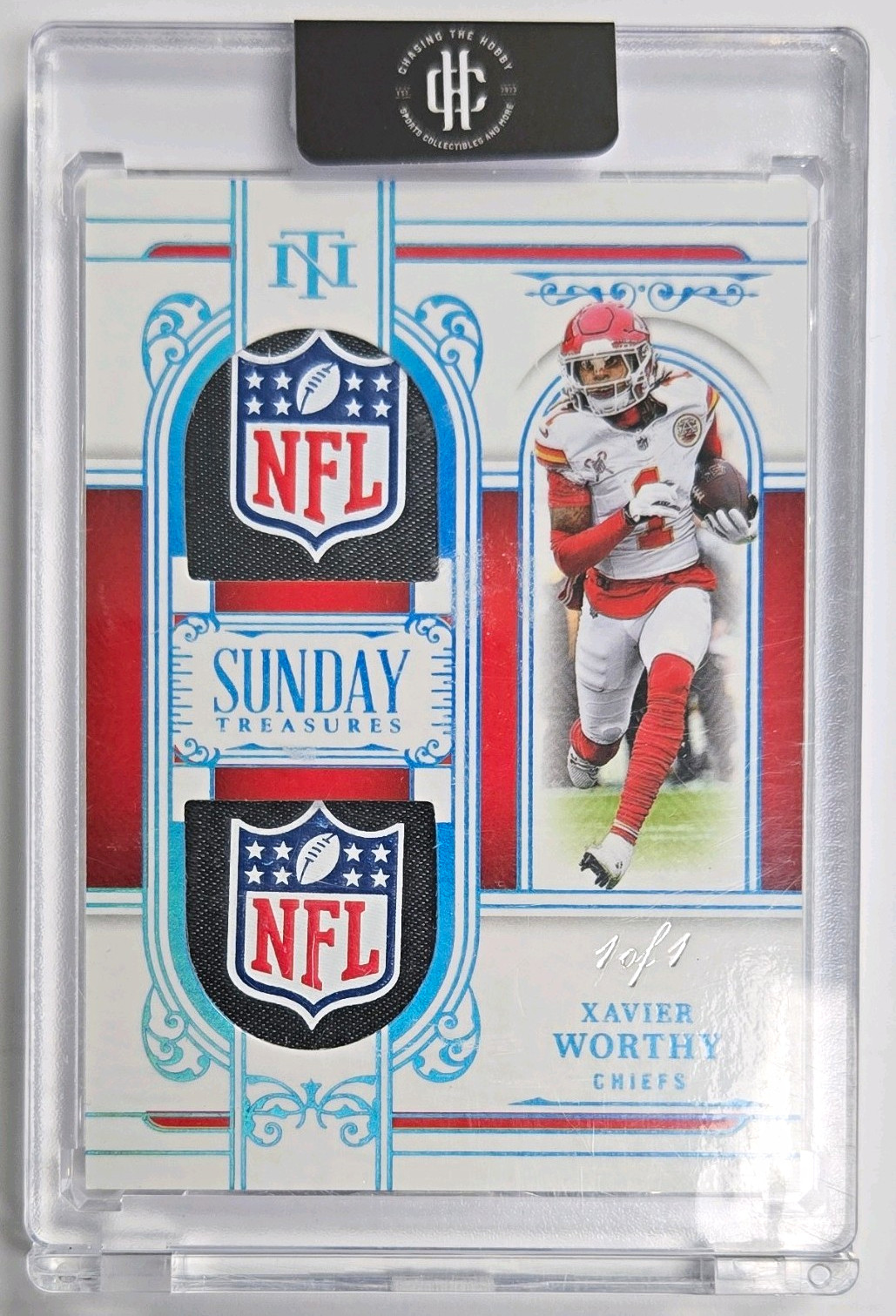 Panini 2025 National Treasures Xavier Worthy Chiefs Sunday Treasures ST-XWY 1/1 view 1