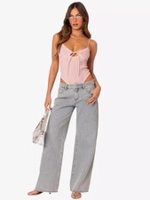 Ashley Mason wide leg jeans with pink bow embroidery on back pockets, size 9/29