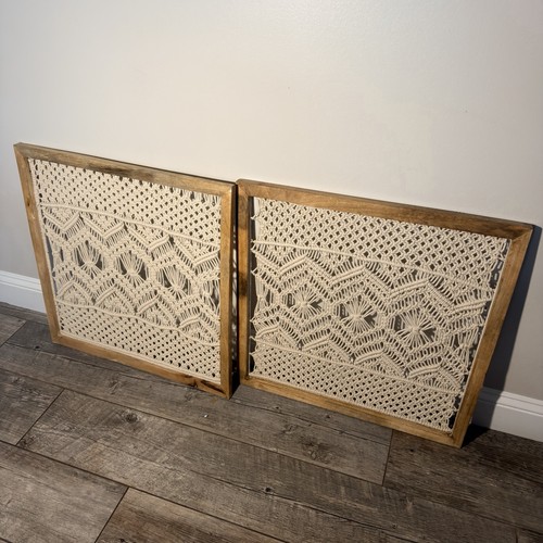 Large Boho Coastal Macrame Wall Art Set of 2 Wood Framed Panels 24x24" Bundle
