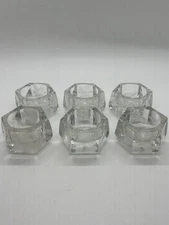 Set Of 6 Hexagonal Clear Glass Salt Cellar w/Etched Flower Leaf Designs