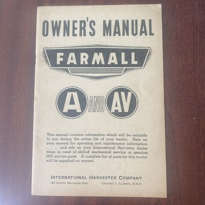 Bedienungsanleitung Farmall A und AV ~ International Harvester Company ~ Vintage PB